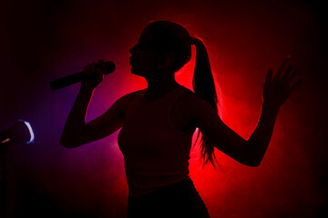 Silhouette of woman singing on dark background with color lights