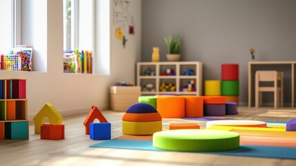 Serene Playroom with Natural Light Featuring Educational Toys Blocks and Playful Decor in Minimalist Style