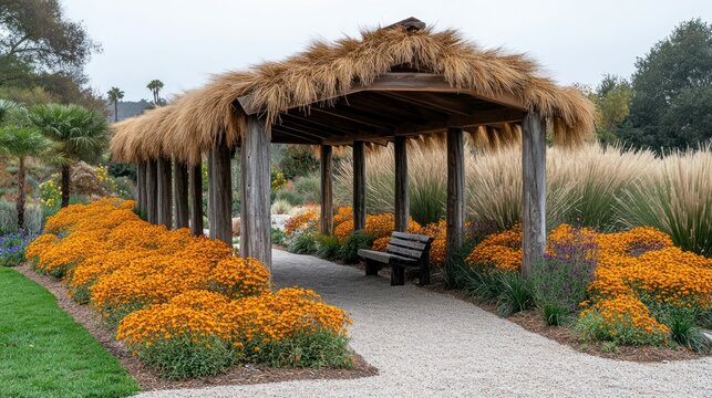 Rustic Gazebo Pathway Amidst Autumn Flowers - Powered by Adobe