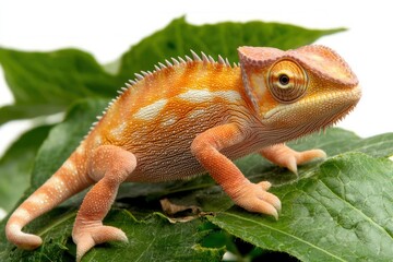 Obraz premium Captivating chameleon perched gracefully on vibrant green leaf showcasing its remarkable color adaptation and textured skin in studio shot