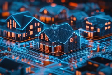 Tokenized real estate listings visualized with augmented holography on sleek platform.