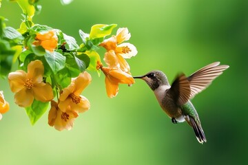 Fototapeta premium Hummingbird delighting in nectar from delicate orange blossoms against a vibrant green background