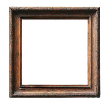 A wooden frame with a white background. The frame is square and has a rustic look. The white background makes the frame stand out and emphasizes the natural wood grain