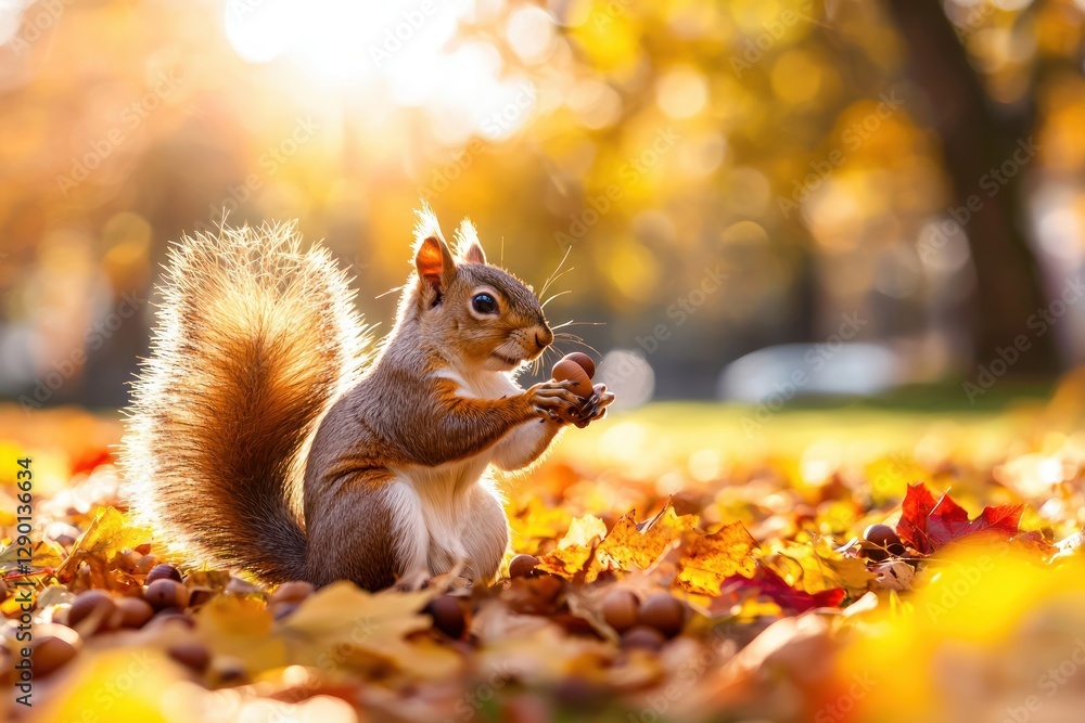 Poster enchanting squirrel moment in autumn sunlight a squirrel holds acorn amidst golden leaves in a seren