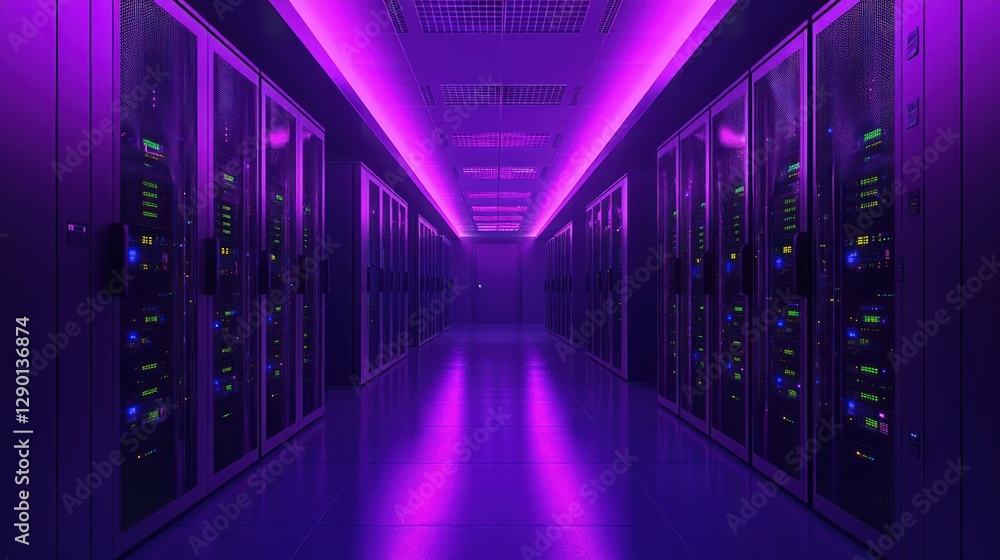 Poster Rows of servers in data center illuminated with purple neon light providing network infrastructure