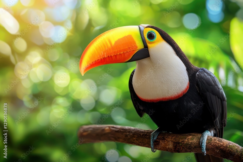 Poster striking toucan perched on branch in lush jungle with vibrant foliage and bokeh sunlight creating a 
