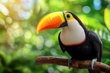 Obraz premium Striking toucan perched on branch in lush jungle with vibrant foliage and bokeh sunlight creating a serene tropical mood