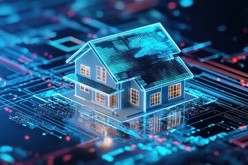 Obraz premium Augmented holograms visualize tokenized property listings on modern real estate platform.