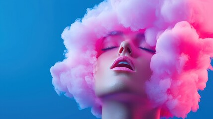 Naklejka premium Ethereal beauty portrait of woman with pink smoke around head dreamy expression on blue background artistic style