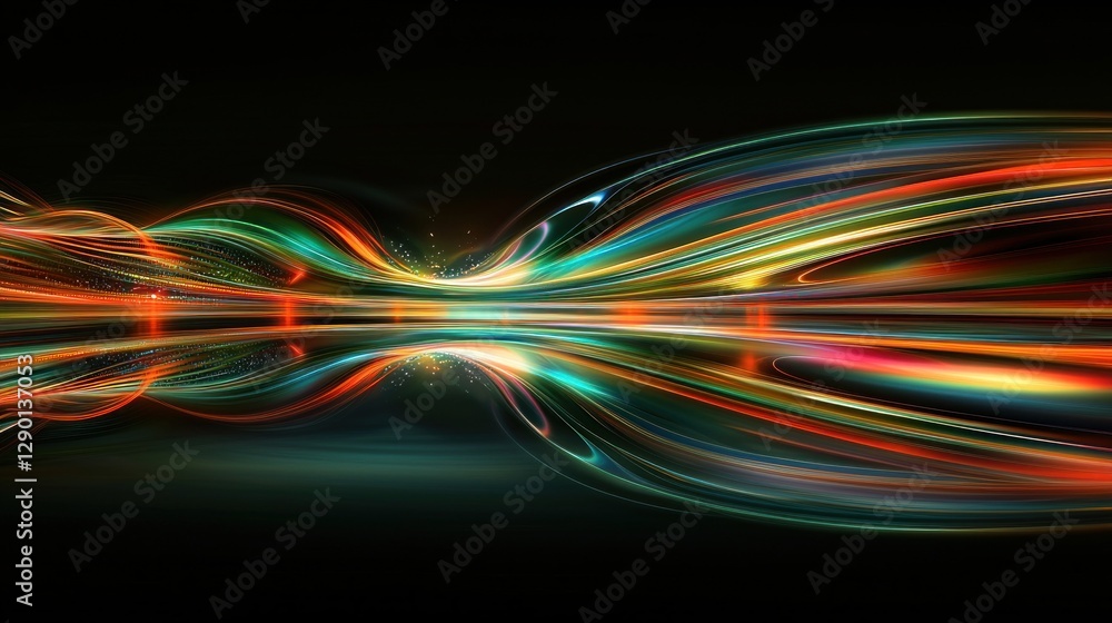 Poster dynamic interplay of vibrant light trails against a dark backdrop creating a mesmerizing abstract vi