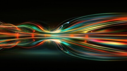 Dynamic interplay of vibrant light trails against a dark backdrop creating a mesmerizing abstract visual journey radiating energy and movement