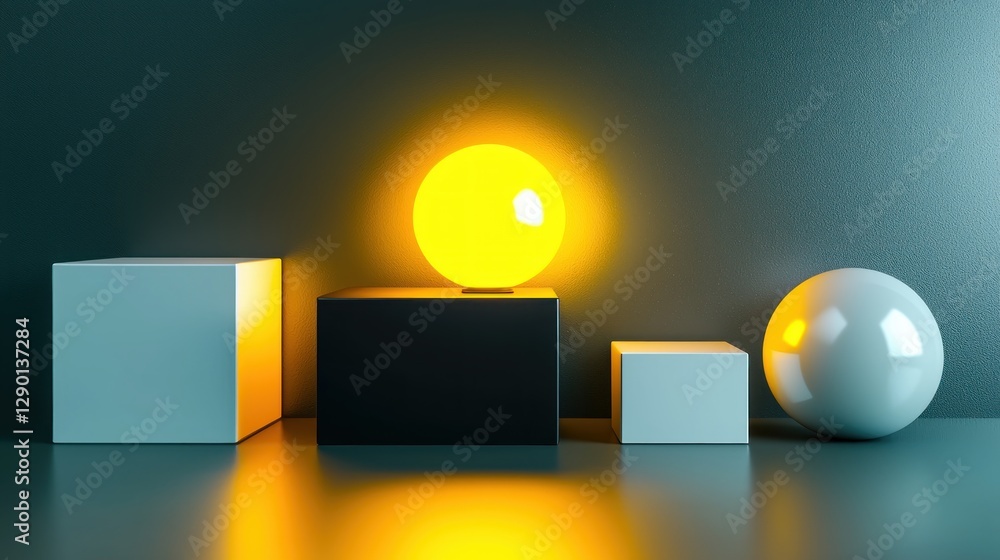 Leinwandbilder Geometric composition with luminous sphere on a dark cube between light cubes and sphere creating a modern and minimalist aesthetic in a studio setting