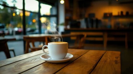 Fototapeta premium Steaming Coffee Cup on Wooden Table in Cafe Warm Interior Relaxing Atmosphere Perfect Morning Moment