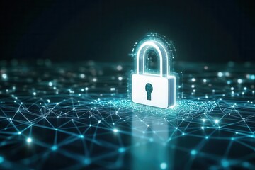 glowing white padlock hovers over a teal digital grid, soft light pulses, sleek lines crisscross, symbolizing security in a futuristic tech realm.