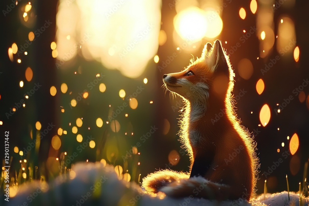 Poster Captivating fox in a sunlit forest glade with bokeh lights creating a magical and serene atmosphere during golden hour