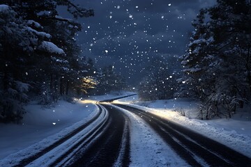 Snowy road at night, winter drive