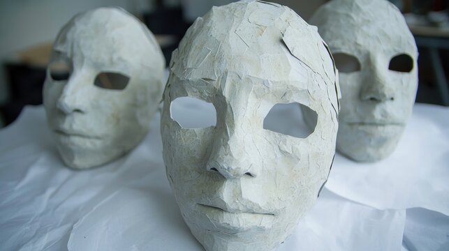 Three Handmade Paper Mache Masks on White Surface in Studio Setting Artistic and Creative Expression Crafting Project Idea for Art Class and Halloween Costume Design