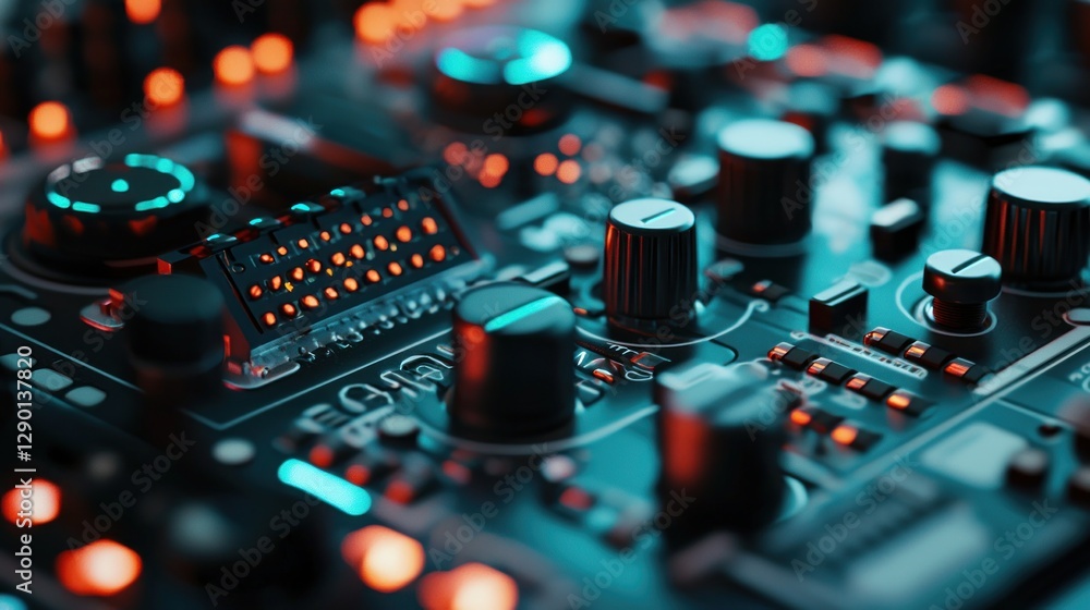 Poster Circuit board close up displays interconnected components and illuminated indicators showing technology progress