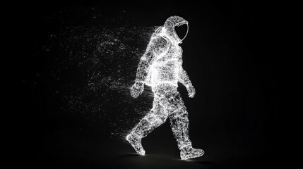 Futuristic Astronaut Silhouette Made of Digital Particles Walking