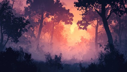 Obraz premium Misty forest sunset; silhouettes of trees; warm colors