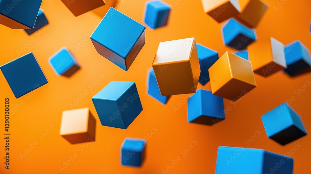 Fototapete Abstract composition of floating cubes in blue and orange tones on a vibrant background creating a dynamic and modern visual effect ideal for technology and innovation