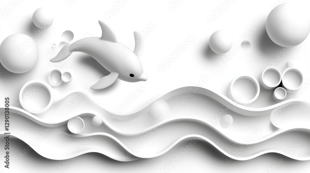 Poster serene white dolphin sculpture amidst abstract waves and spheres creating a minimalist and modern ae