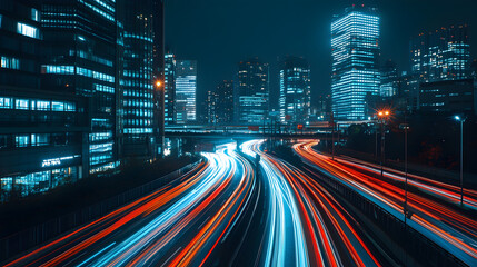 Fototapeta premium cityscape at night with streaks of red and white lights from moving traffic 