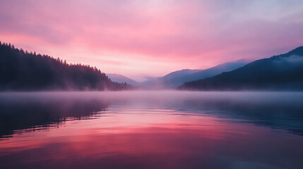 Fototapeta premium A serene lake scene at dawn, featuring misty waters reflecting vibrant pink and purple hues against a backdrop of mountains and forest.