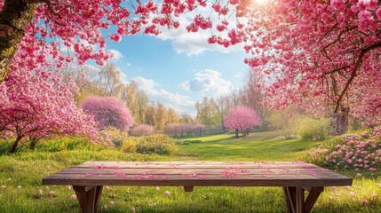 Fototapeta premium Wooden table in a blooming spring garden. Perfect for springtime themes, product displays, or nature-related projects.