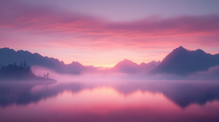 Obraz premium A tranquil sunrise reflects on a serene lake, surrounded by misty mountains and a colorful sky, creating a peaceful and dreamy atmosphere.