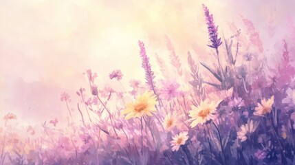 Obraz premium Soft Watercolor Meadow with Flowers in Pastel Shades