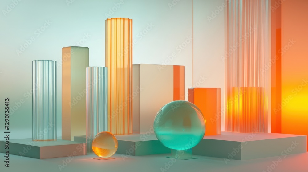 Poster harmonious abstract arrangement of geometric glass shapes with vibrant colors and playful lighting