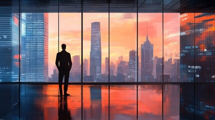 Fototapeta premium A business man in a crisp suit, standing in a corner office, gazing at the skyline of giant, glass buildings