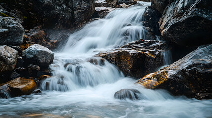 Fototapeta premium captured in silky smooth motion as the water flows over rugged rocks 