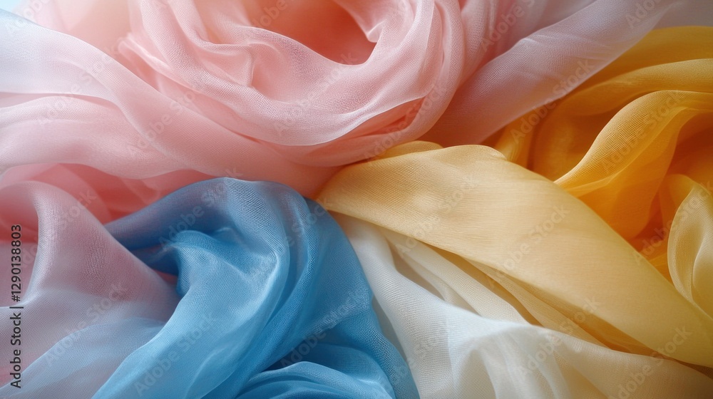 Leinwandbilder pastel chiffon fabric arrangement in pink blue yellow and white tones creating soft abstract texture