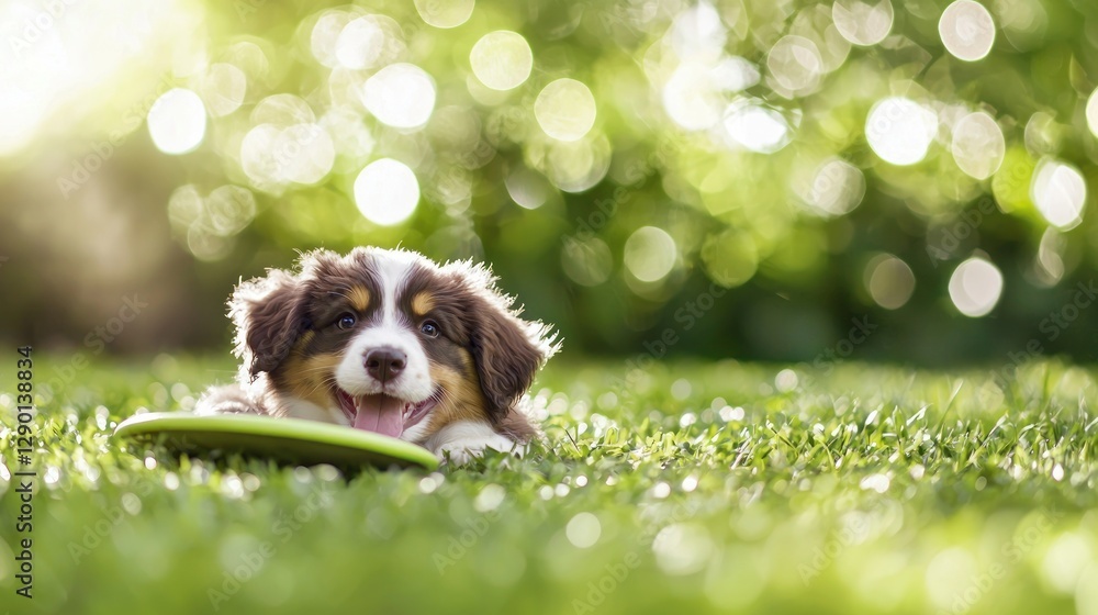 Poster playful puppy lying in green grass with frisbee under bright sunlight bokeh background creating a ha