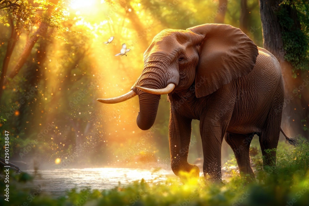 Aufkleber majestic elephant walking through a sunlit forest with butterflies creating a magical and serene atm