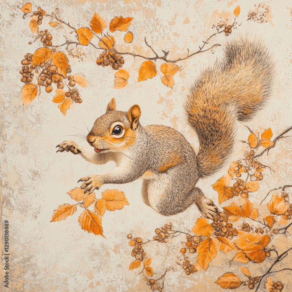 Aufkleber charming squirrel illustration amidst falling autumn leaves creating a whimsical and enchanting scen