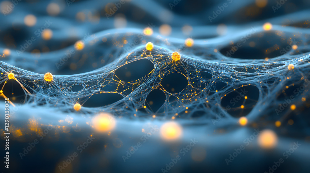 Poster close up view of a cell showing numerous yellow dots in a biological or microscopic context