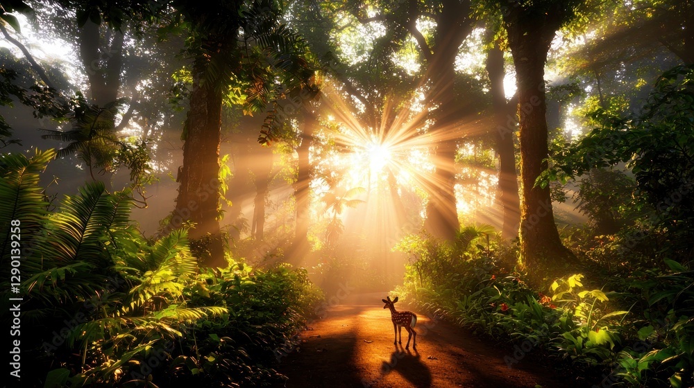 Poster radiant sunlight illuminating lush green forest path with a fawn silhouette creating a serene and en
