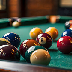 Vibrant Game of Billiards: A close-up of a pool table adorned with a colorful assortment of billiard balls, ready for an exciting game, and a hint of the surrounding environment.