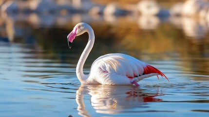 Fototapeta premium Elegant flamingo gracefully swimming in serene water reflecting soft sunlight creating a peaceful ambiance in nature photography