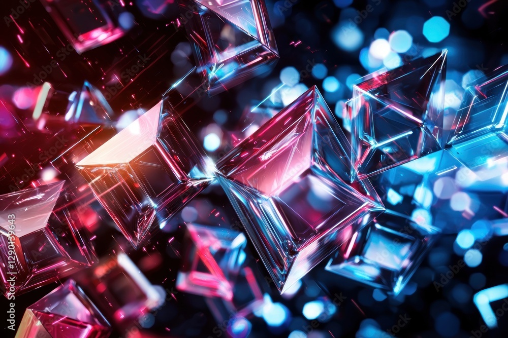 Poster Abstract futuristic geometrical arrangement of shiny glass cubes and triangles against dark backdrop