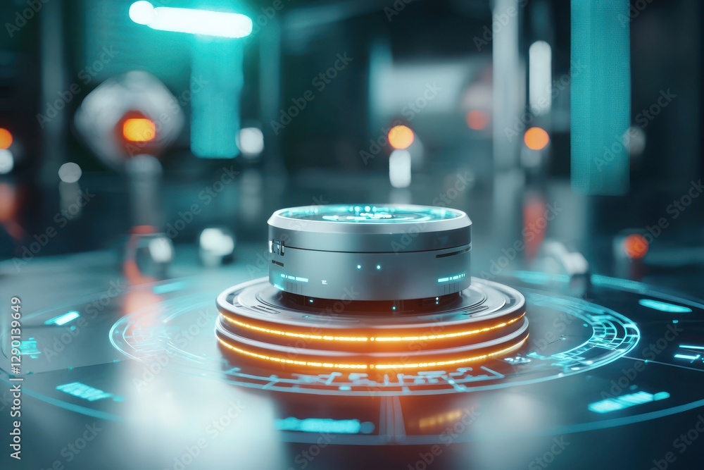 Aufkleber futuristic silver device with blue glowing lines on circular platform in dark sci fi laboratory