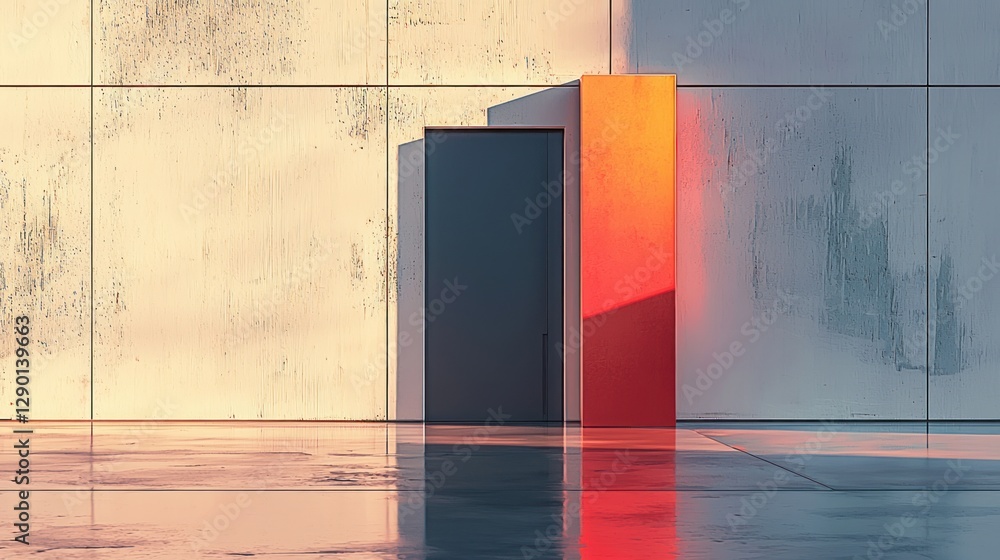Aufkleber Minimalist architecture with concrete wall door and vibrant color accent in warm light creating modern mood