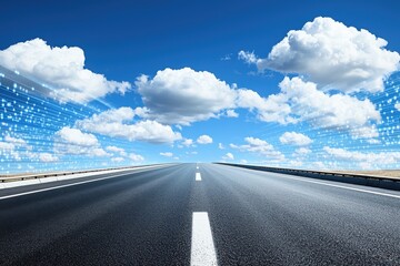 Fototapeta premium Cloud Computing Software Latency. Open road stretching towards a bright sky with clouds.