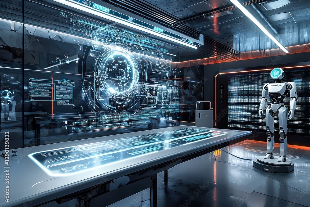 Poster advanced robotics testing site featuring real-time holograms that analyze robotic vision.
