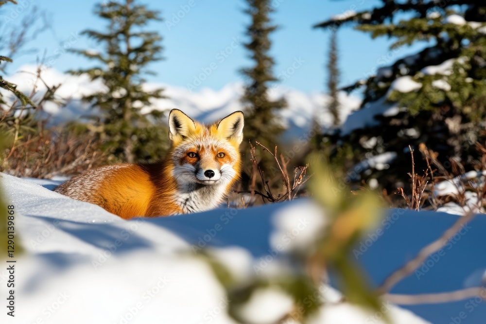 Aufkleber captivating red fox resting in snowy winter landscape with evergreen trees and majestic mountains un