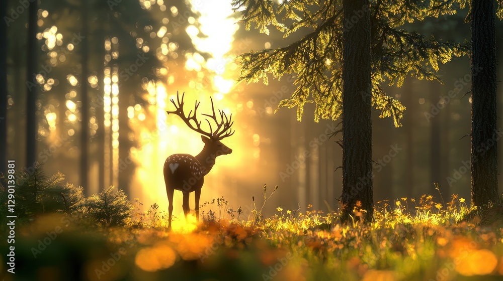 Aufkleber majestic deer in golden forest light serene nature scene with sun rays and bokeh effect captivating 