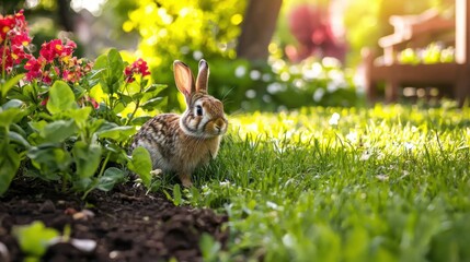 Obraz premium Charming rabbit amidst vibrant flora in sunlit garden evoking springtime joy and natural beauty in a serene outdoor scene